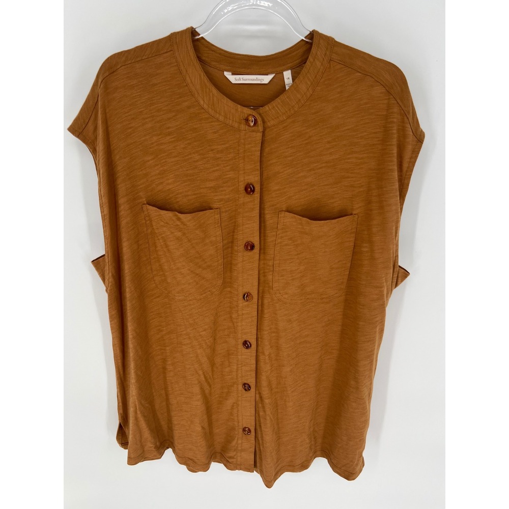 SOFT SURROUNDINGS Button Front Top Women 1X Camel Slub Knit Sleeveless Pockets